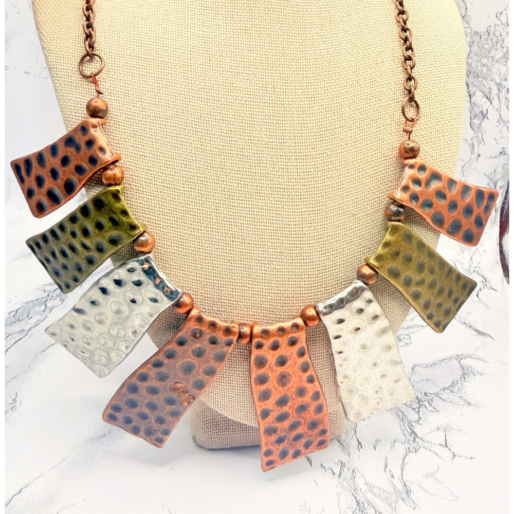Multicolor Hammered Metal Bib Necklace Copper Tone Statement Boho 19"